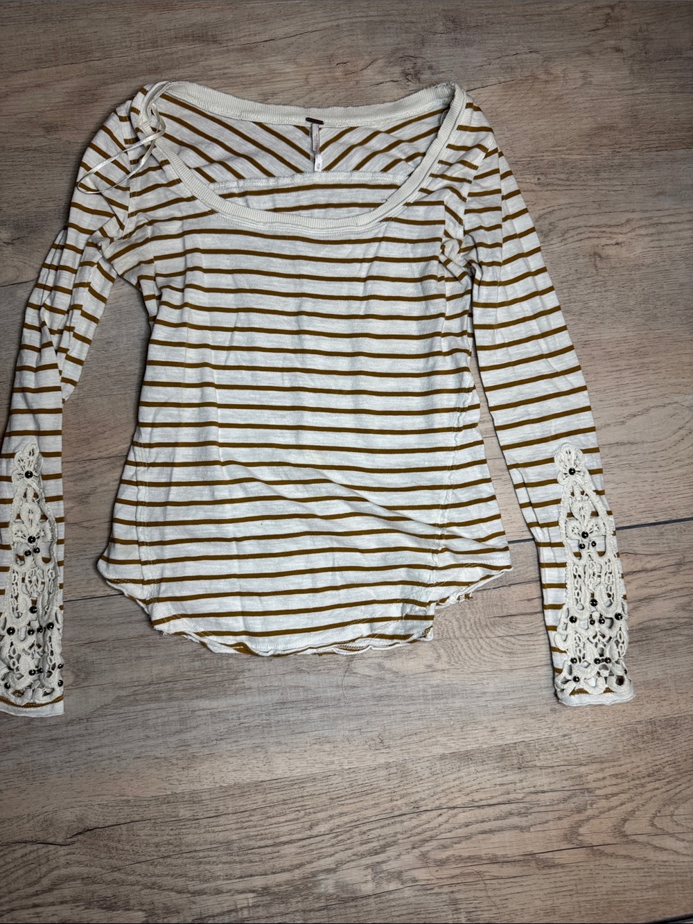 Free People Cotton Tuscaloosa Hard Candy Striped Crochet Cuff Long Sleeve sz XS